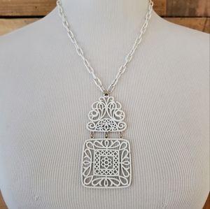 Vintage 1970s Crown TRIFARI White Enamel Floral/Scroll Pendant & Chain